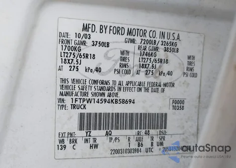 2004 Ford F-150 Fx4/Lariat/Xlt z USA, uszkodzony, nr VIN 1FTPW14594KB58694